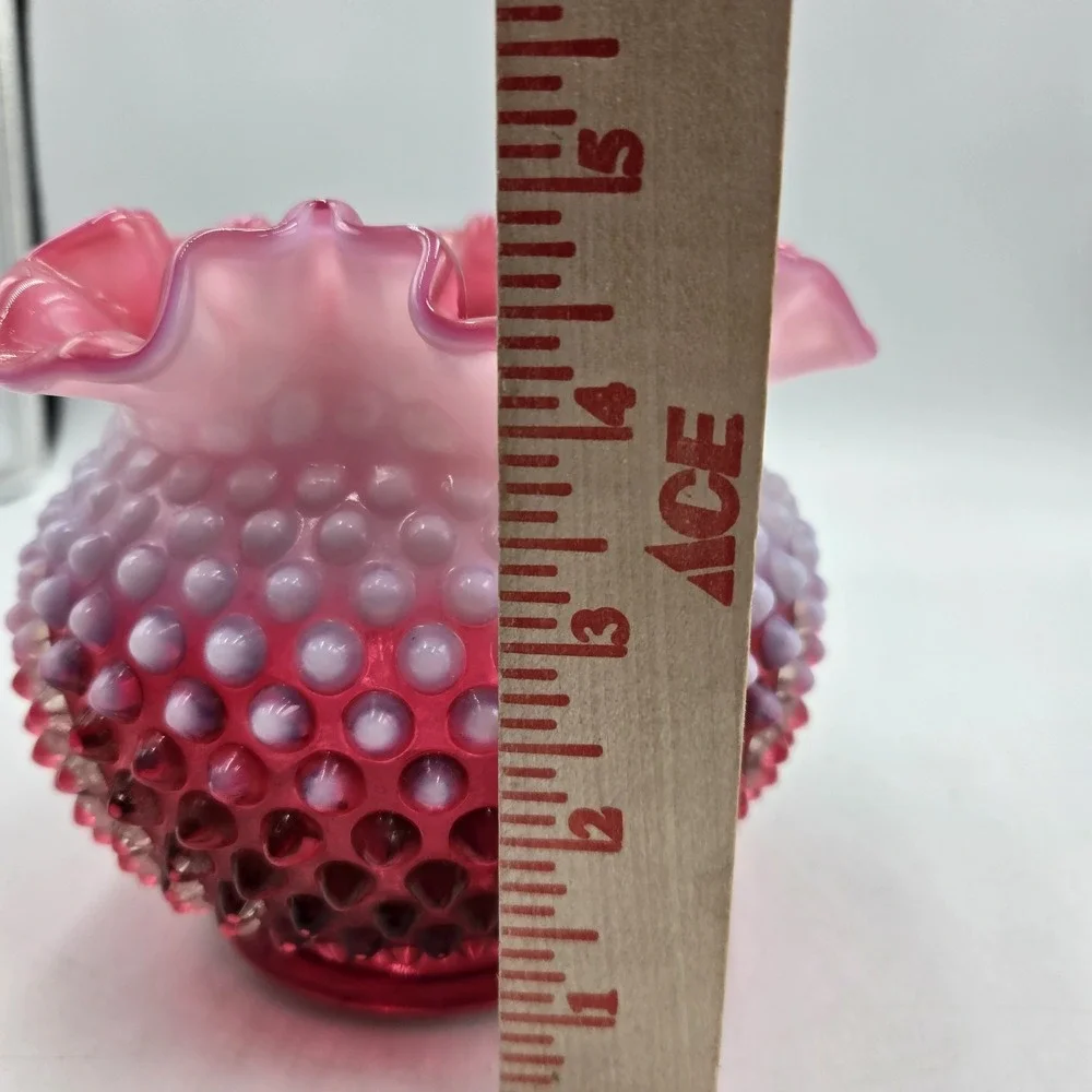 Fenton Cranberry Opalescent Hobnail Glass Vase Rose Bowl Ruffle Crimped Vintage